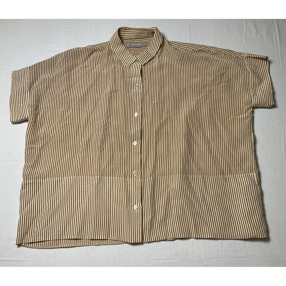 Everlane Brown White Striped 100% Silk Button Up Shirt Blouse Top Size 2 598